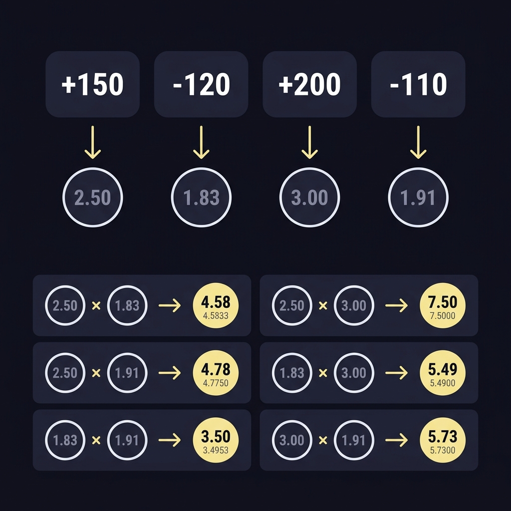 Minimalist 2D vector infographic showing conversion of four American odds to decimal odds and the six two leg parlay multiplications for a round robin odds calculator on a Funded Plays dark background