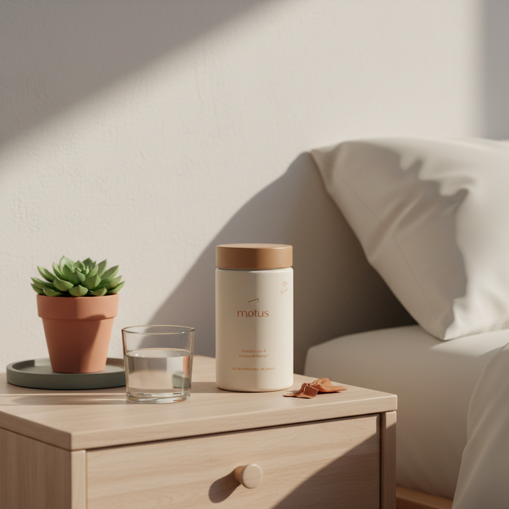 Minimalist morning bedside scene with Tonum Motus supplement jar beside a glass of water and a small plant, promoting ashwagandha for weight loss in a calm Tonum-style setting.
