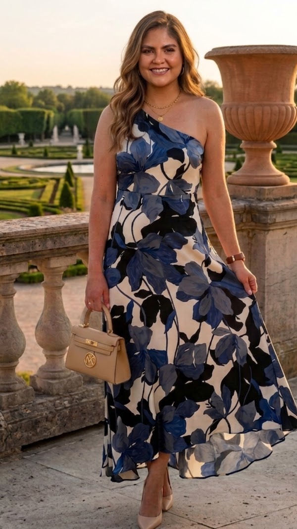 Vestido Largo en Seda Azul Estampado Floral
