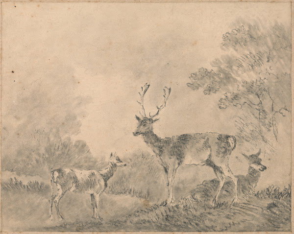 Fallow Deer Stag Doe and Fawn in a clearing ca 1791