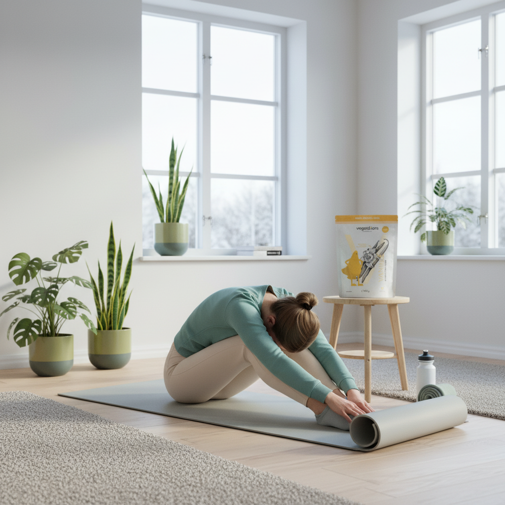 Minimalistisches Home-Workout im skandinavischen Wohnzimmer bei Winterlicht: Yogamatte, Person beim Dehnen, Holzfußboden, Pflanzen und dezent platziertes Superfood-Produkt.