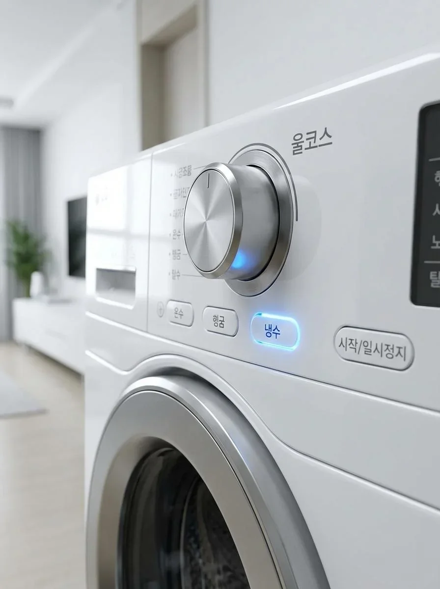 드럼 세탁기 다이얼이 울코스에 맞춰져 있고 냉수 버튼에 불이 들어와 있는 사진