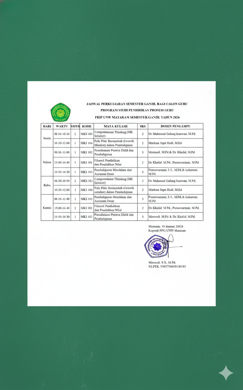 Jadwal Perkulihan Semester Ganjil Calon Guru 2026