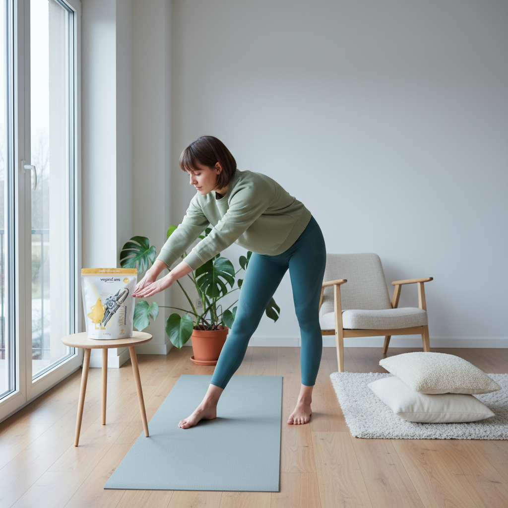 Minimalistisches skandinavisches Home-Workout vor großem Fenster im Winterlicht, Person auf Yogamatte, ruhige Stimmung und Motivation zum Bauchfett verlieren