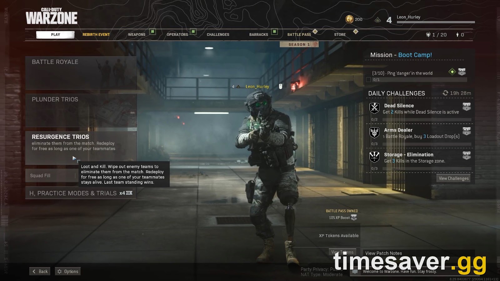 The Warzone front-end menu with Resurgence Trios selected — what loads once the Game Version dropdown is switched back