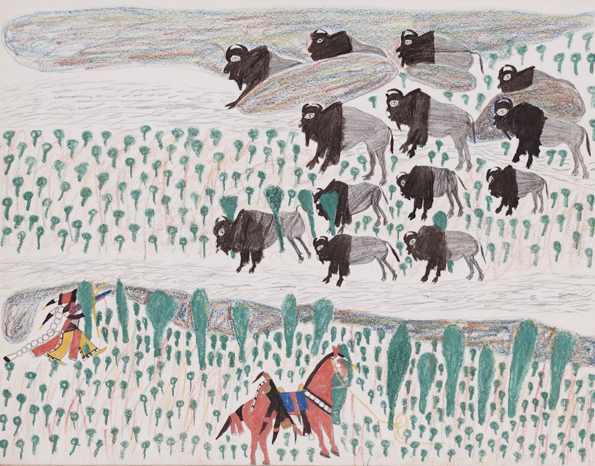 Bison hunt with Indian on horseback and on foot 1876