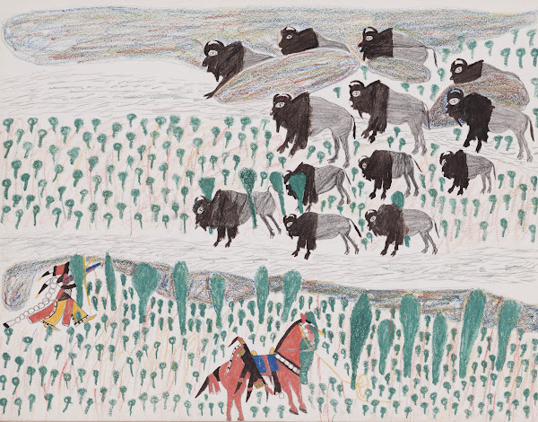 Bison hunt with Indian on horseback and on foot 1876