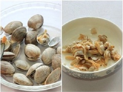 Ngâm ngao trong nước muối loãng qua đêm cho sạch cát, vớt ra rổ để ráo. Bước làm sạch ngao rất quan trọng để bạn có được món ngao ngon miệng, không bị lợn cợn hay lẫn sạn cát. Đun sôi nồi nước với một vài lát gừng (hoặc chút rượu để khử tanh). Trút ngao vào, đun cho tới khi ngao há miệng thì vớt ra gỡ lấy phần thịt ngao để riêng ra bát.