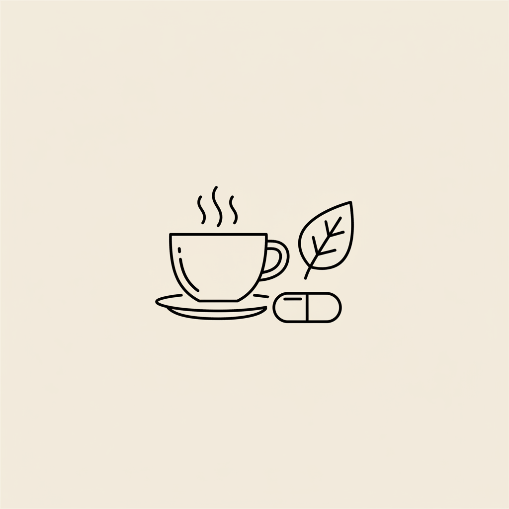 Minimal Tonum-style line icon of a steaming coffee cup with a capsule and leaf on beige background, illustrating coffee and metabolism.