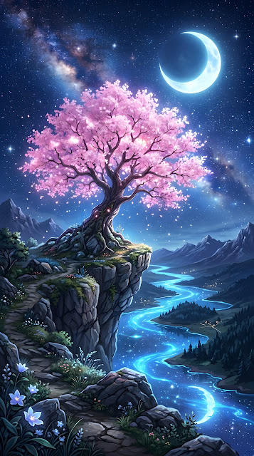 Vibrant Fantasy Landscape with Pink Tree and Glowing Blue Moon - Free mobile Wallpaper