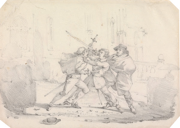 Three Men in Seventeenth Century Dress in a Street Sword Fight Central Man Run T