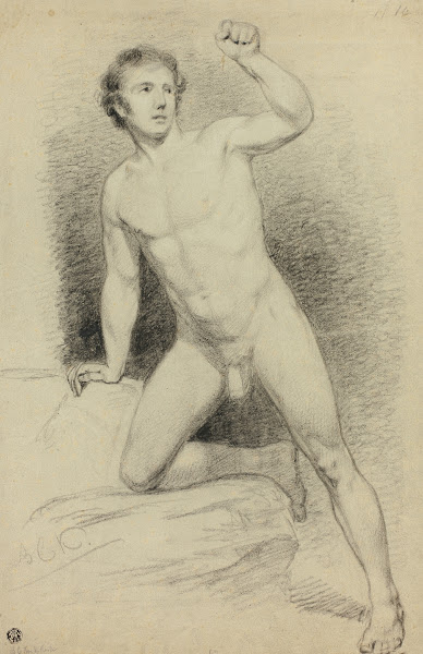 Academic Male Nude Leaning on Platform