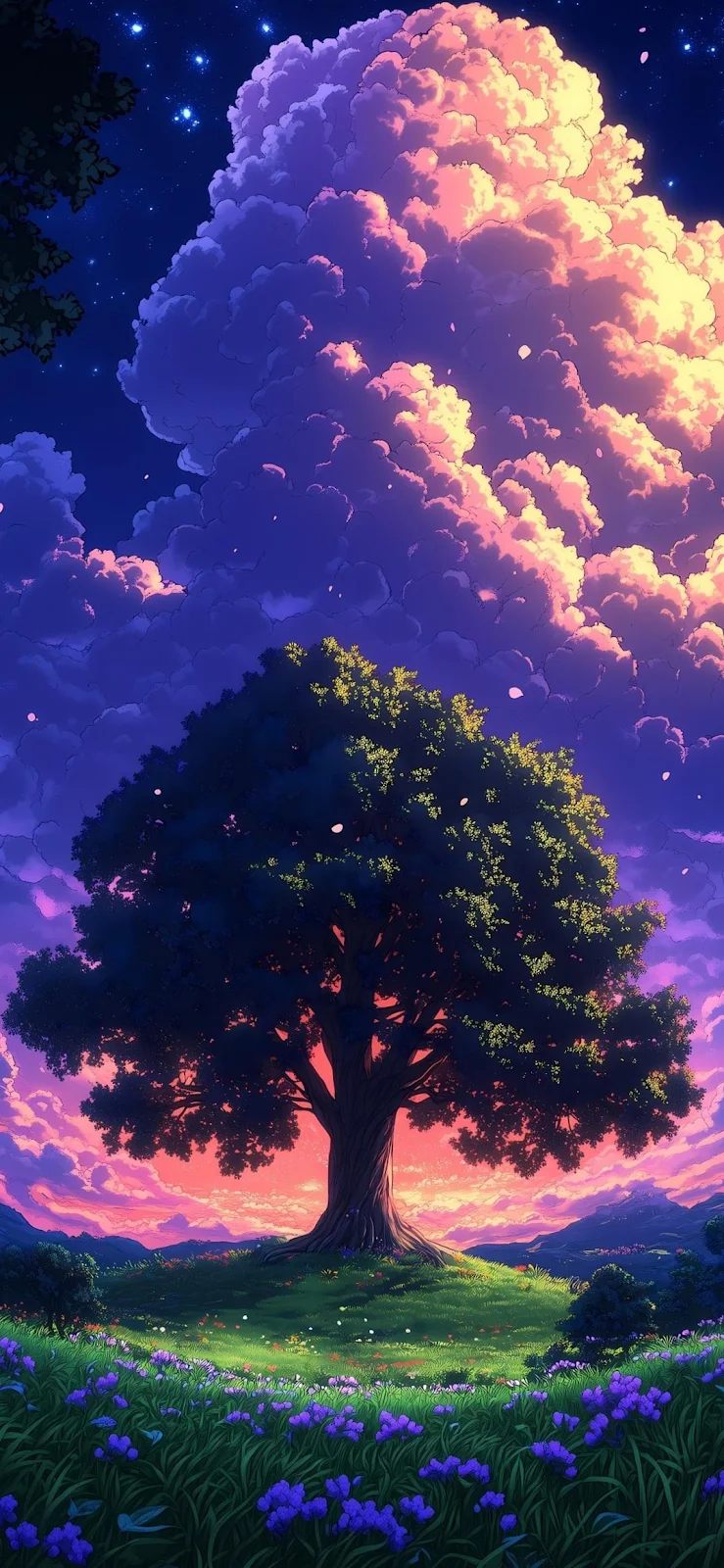 Large Tree Under Purple Sky - Anime Digital Art iPhone Wallpaper (1074x2326)