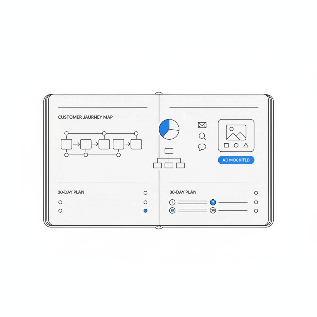 Overhead vector notebook with customer journey map, ad mockup and 30-day plan bullets &mdash; first step in digital marketing, clean white layout with #1a5bfb accents.