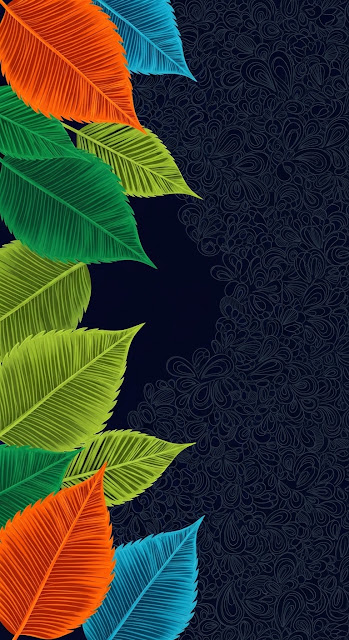 Abstract Stylized Leaves with Vibrant Orange and Green on Navy Swirls - Free mobile Wallpaper