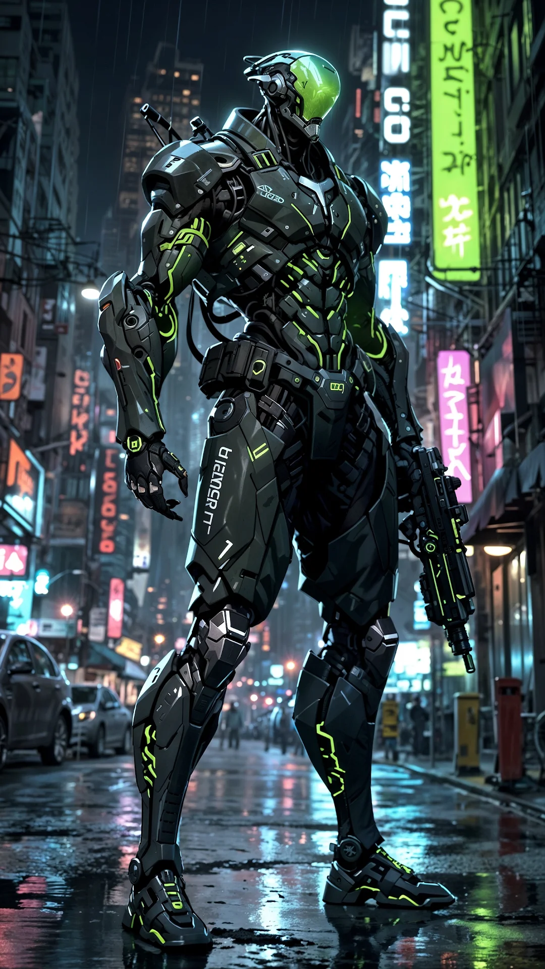 Armored Cyborg with Gun in Neon Cyberpunk City - Free 4K mobile Wallpaper