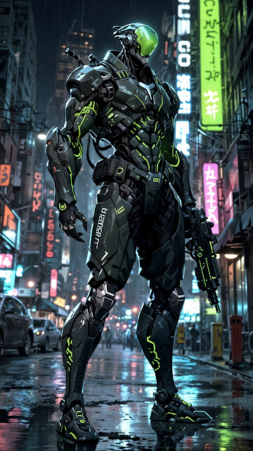 Armored Cyborg with Gun in Neon Cyberpunk City - Free mobile Wallpaper