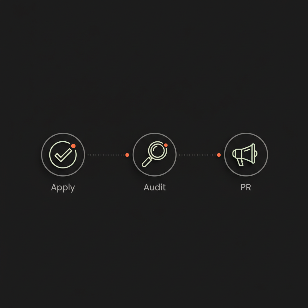Minimal 2D vector infographic of three round icons (apply, audit, PR) on black background with brand accents #dc5c2b, representing steps for blue tick instagram