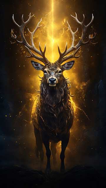 Majestic stag with glowing antlers radiates golden energy - Free mobile Wallpaper