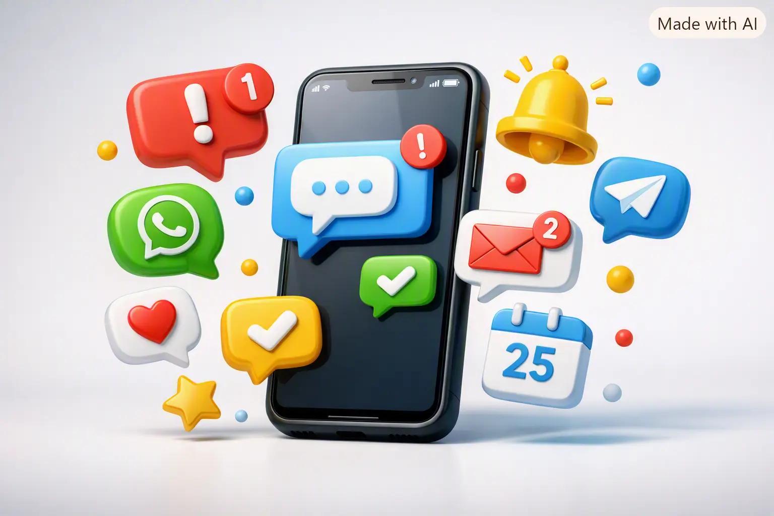 Un smartphone Android rodeado de iconos flotantes de notificaciones y aplicaciones de comunicación.