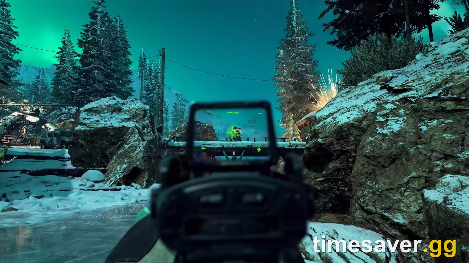Black Ops 7 first-person gameplay under the northern lights — back in a match after restoring the license