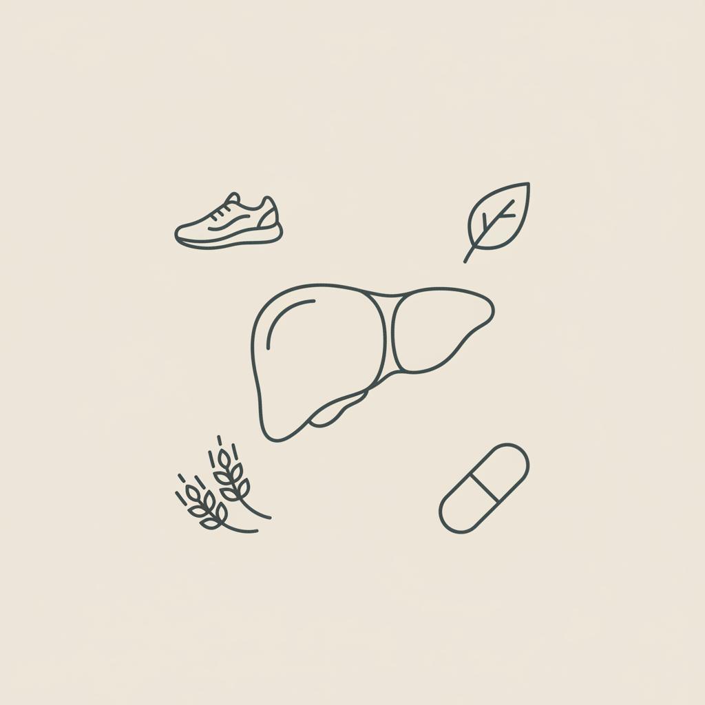 Minimal Tonum-style line illustration of a liver with shoe, leaf, grain and capsule suggesting lifestyle and oral support — what are the symptoms of fatty liver