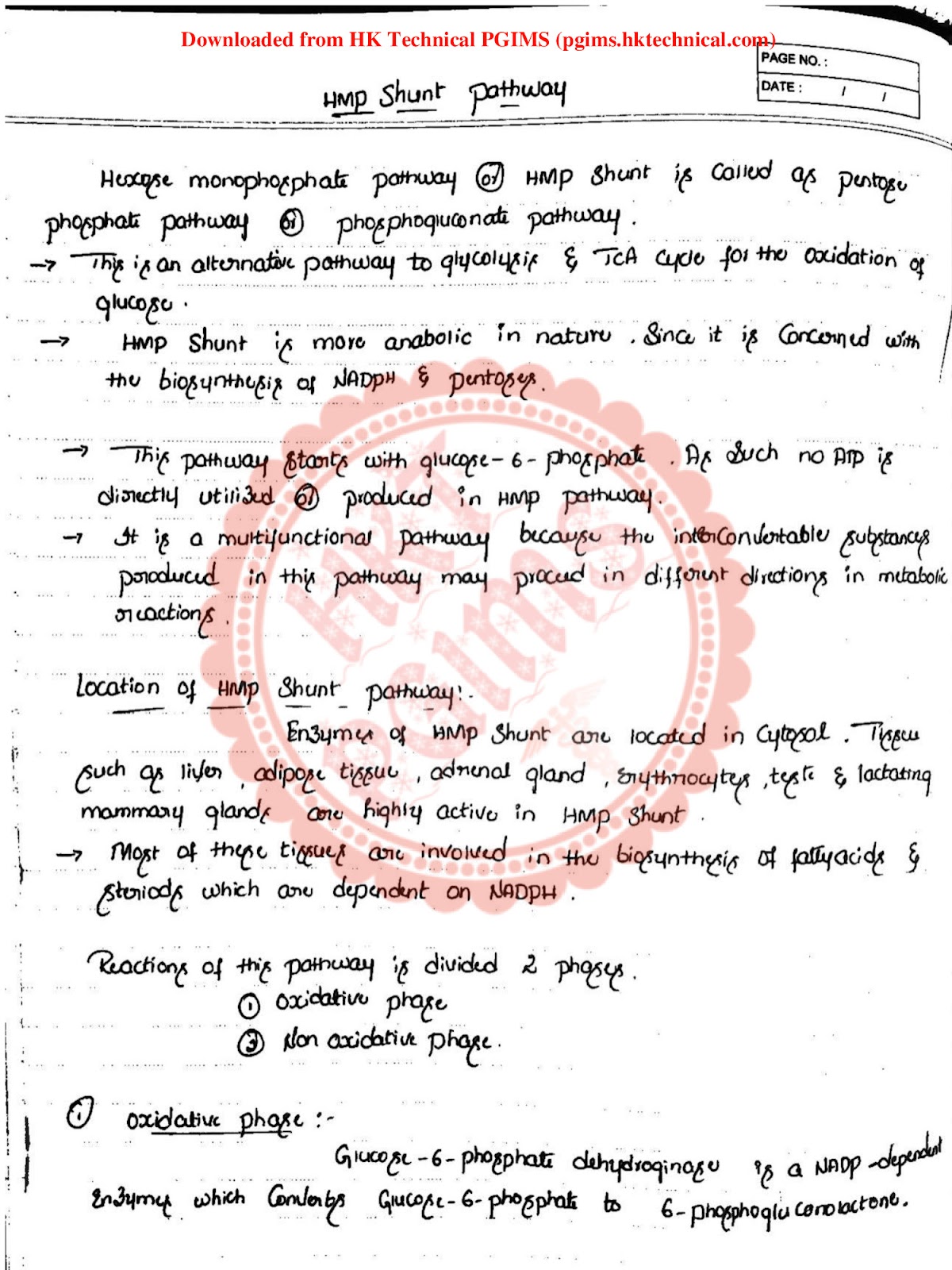 HMP Shunt Pathway Biochemistry 2nd Semester B.Pharmacy Lecture Notes,BP203T Biochemistry,