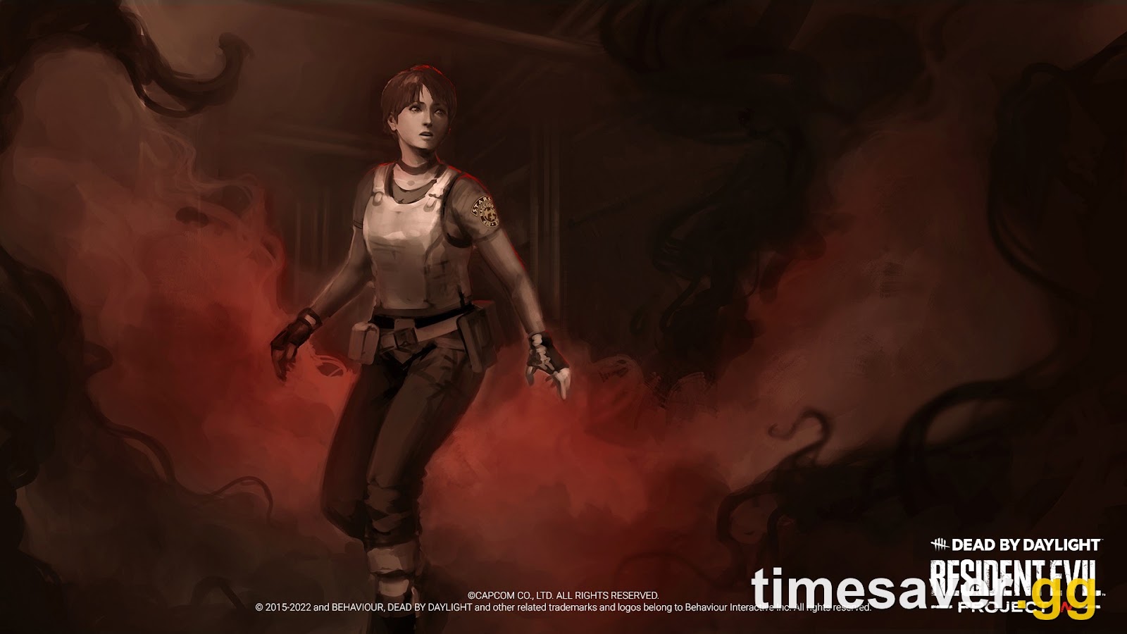 Official Dead by Daylight Resident Evil Project W key art showing Rebecca Chambers in the Fog
