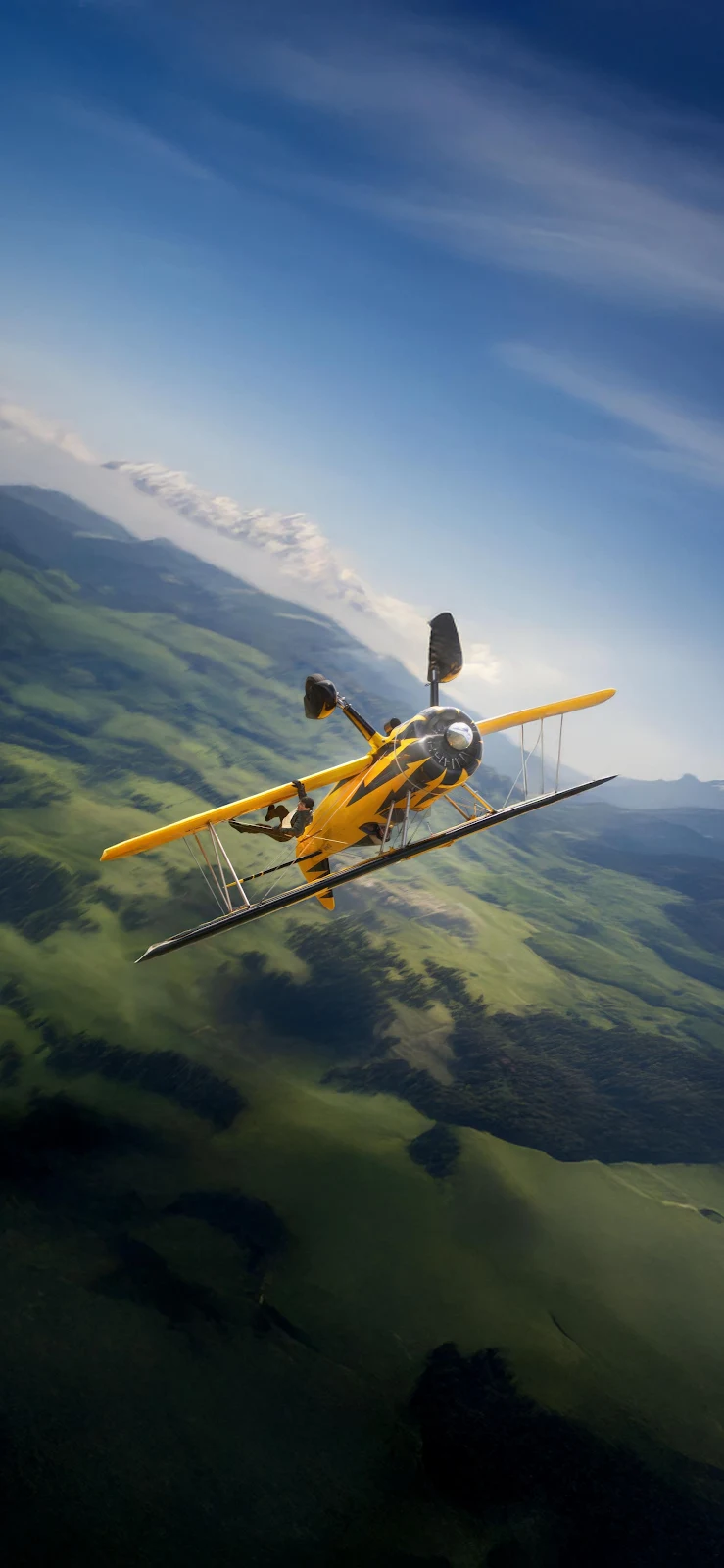 Yellow Biplane Flying Over Mountains - Digital Illustration 2K iPhone Wallpaper (1772x3839)