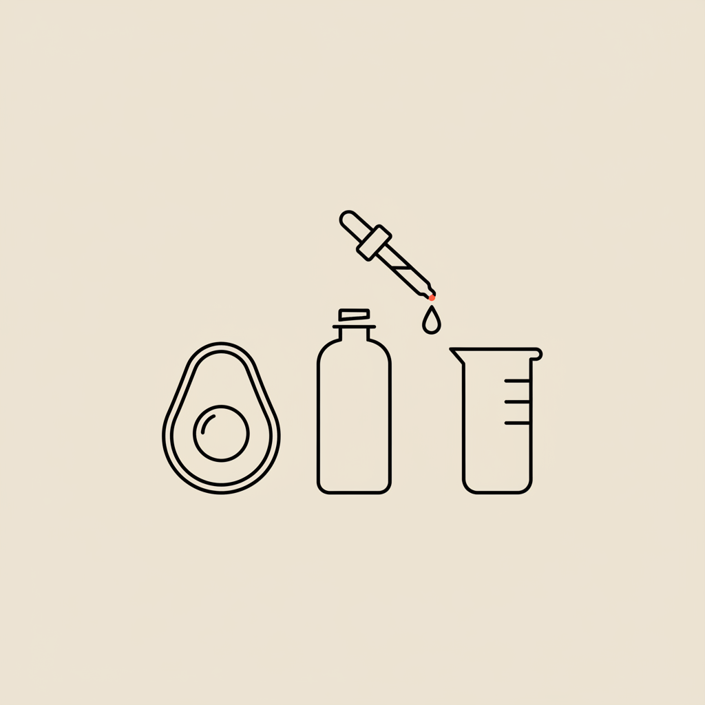 Minimal Tonum-style line illustration of an avocado, an MCT oil dropper, and a lab beaker on beige background, visual for the 2-2-2-2 rule on keto.