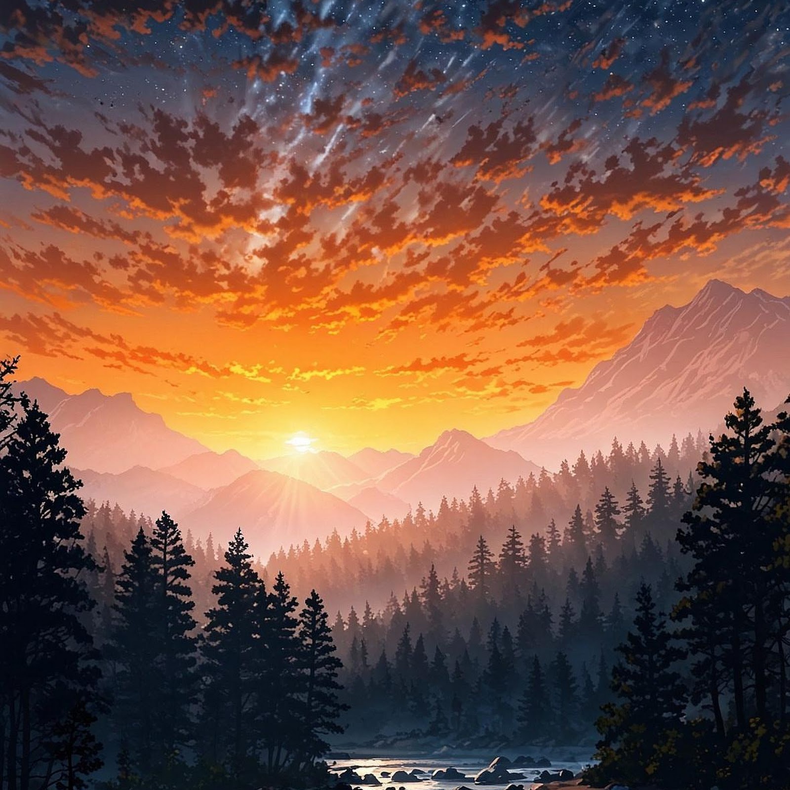 Download Dramatic River Sunset Mountain View Full HD iPhone