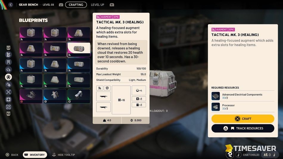ARC Raiders Gear Bench crafting screen showing the Tactical Mk.3 (Healing) augment card and its stats