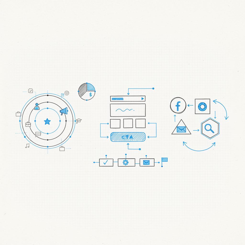 Top-down notebook sketches mapping audience segments, landing page wireframe and ad channel icons for the 5 Cs of event marketing on a clean white background using brand colors.