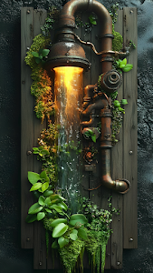 Industrial Biopunk Water Feature, Rusty Pipes and Green Moss