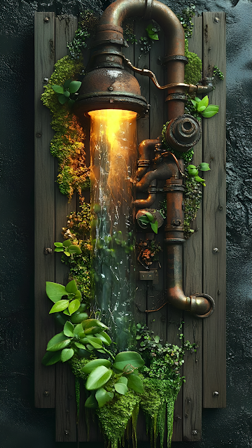 Industrial Biopunk Water Feature, Rusty Pipes and Green Moss - Free mobile Wallpaper