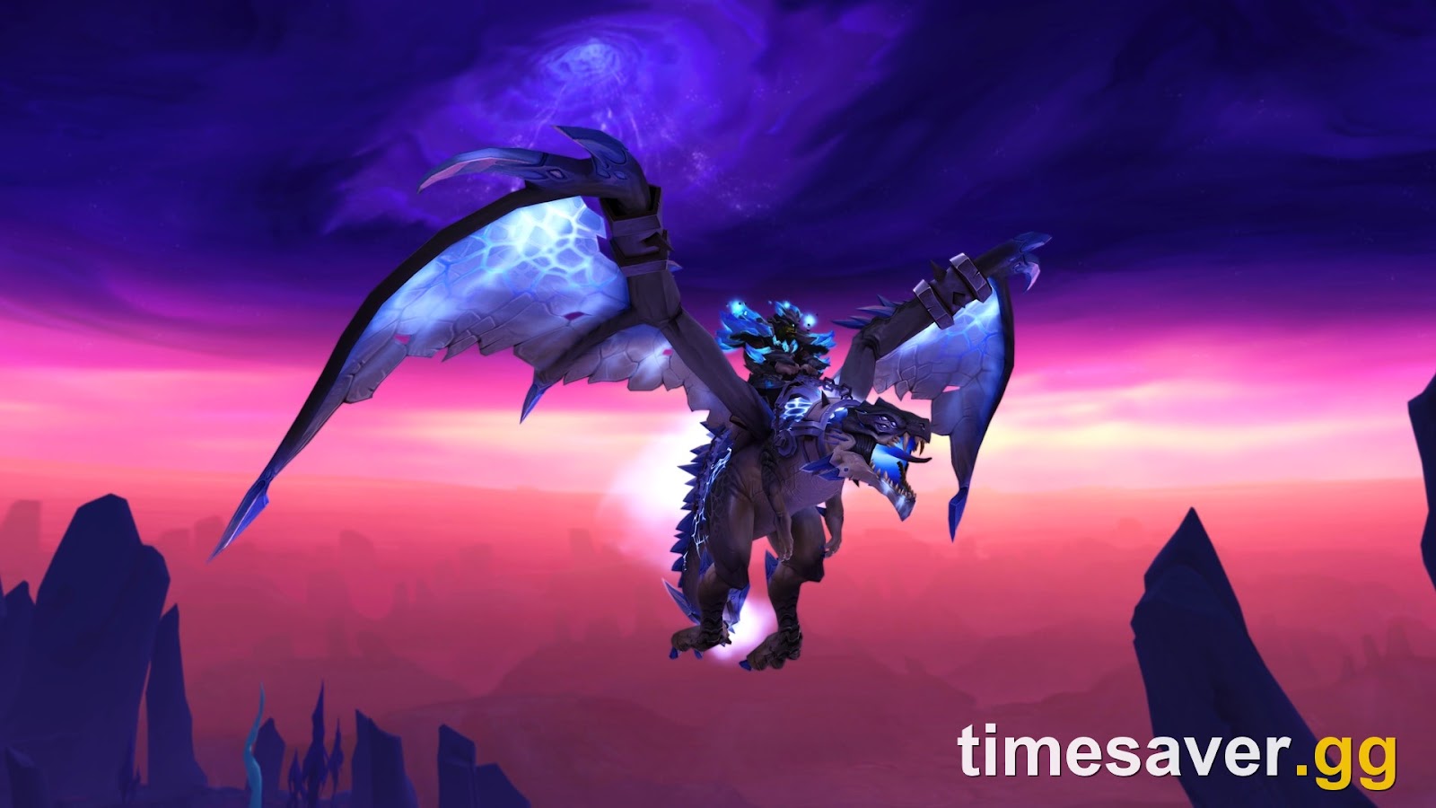 WoW Midnight Season 1 Gladiator reward — the void-armored Galactic Gladiator's Goredrake mount in flight