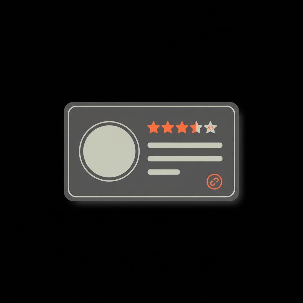 Minimal vector profile card infographic with star ratings, photo placeholder and call-to-action icon on a black background representing Google reviews.