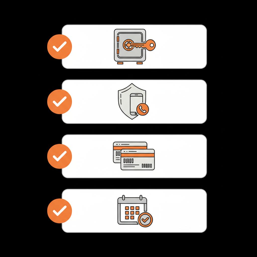 Minimal 2D vector checklist infographic with icons for password manager, 2FA, backup codes and monthly checks on black background — How do I find my email password?
