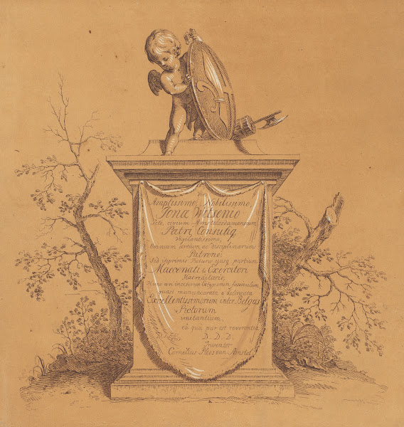 Staande putto op een monument met opdracht aan Jonas Witsen 1765