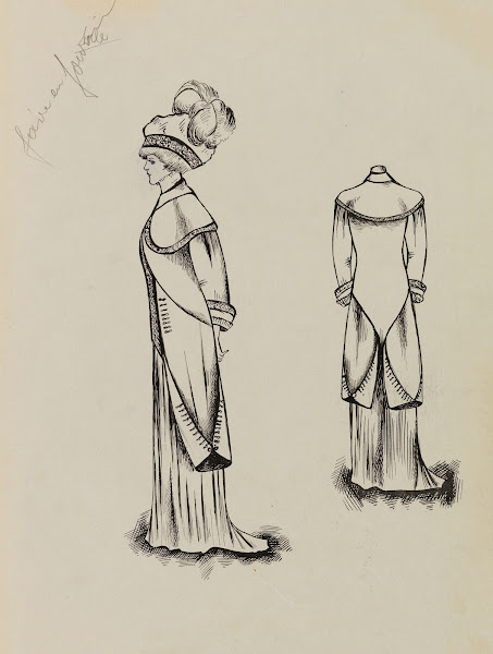 Figure de femme de profil portant un manteau sur robe longue et un grand chapeau