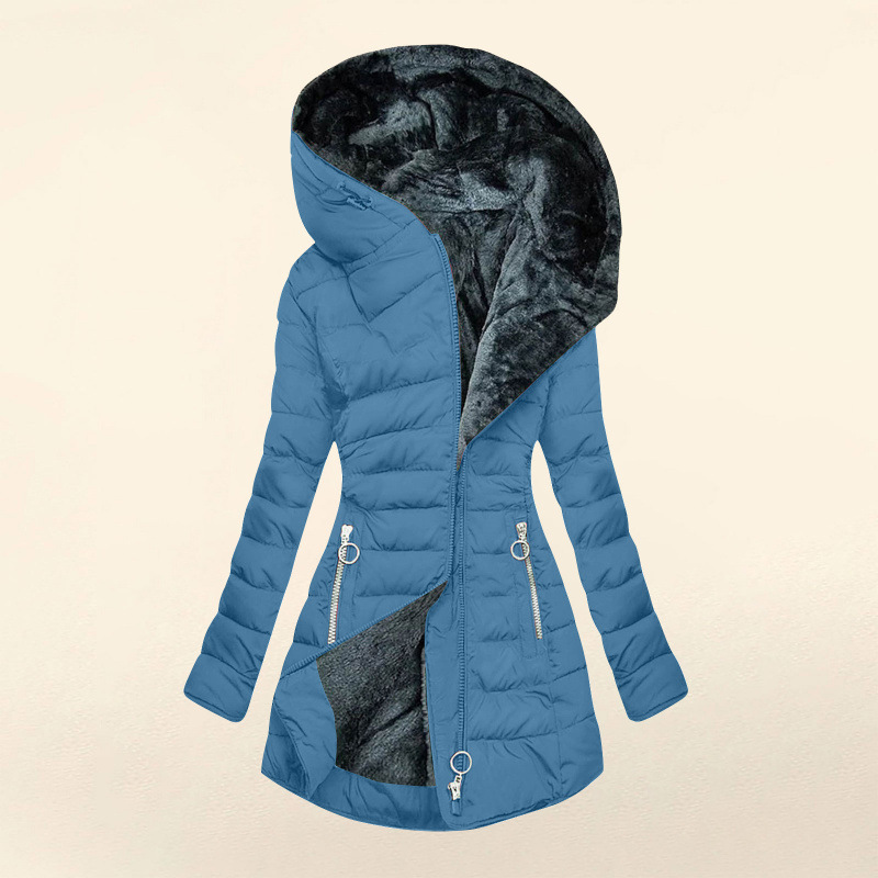 Tailored women's winter coat with a hood and faux fur