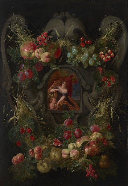 Allegories of the Four Seasons surrounded by garlands of seasonal flowers and fr
