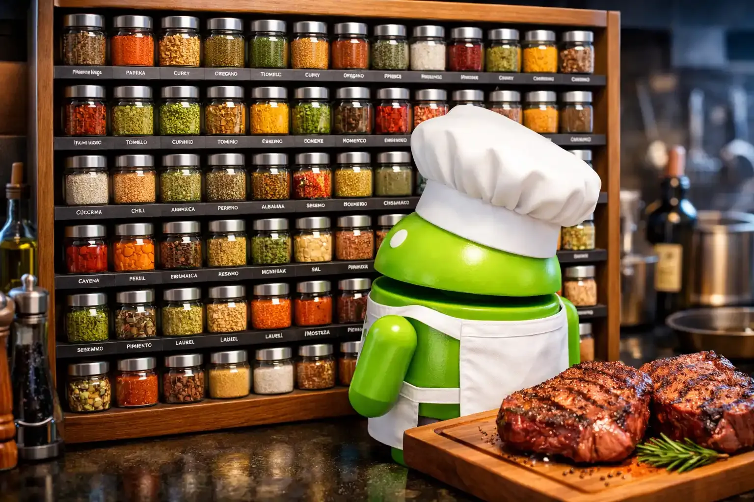 Muñeco de Android vestido de chef con gorro y delantal blanco, ubicado en una cocina junto a un gran estante de madera repleto de frascos de condimentos con etiquetas pequeñas y un trozo de carne asada en primer plano.
