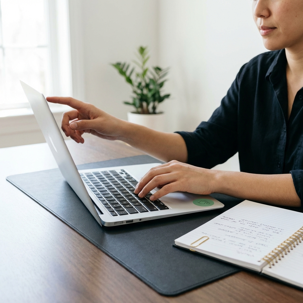 Close up of person recording a short online course on a laptop with notebook notes and soft natural light illustrating passive income business ideas