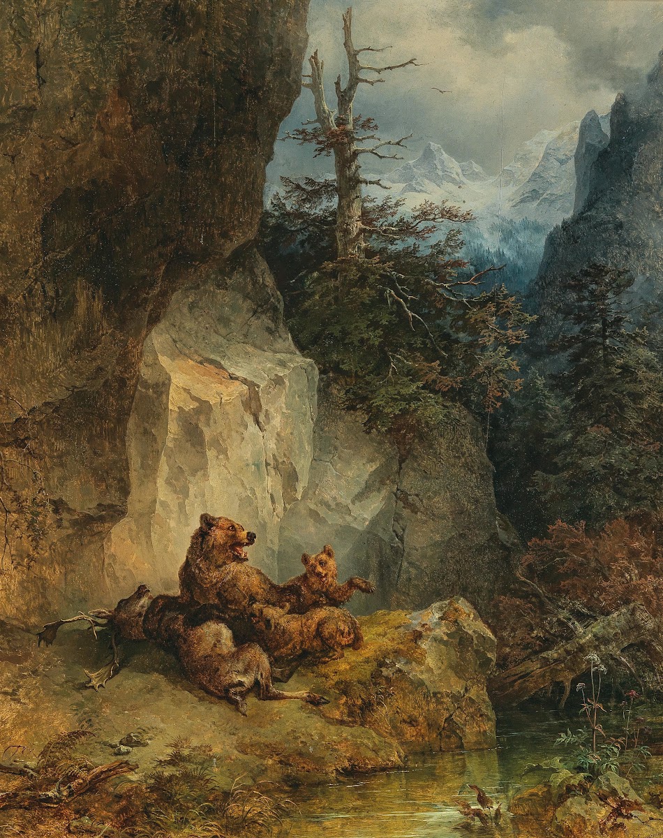 A mother bear and her cubs with a stag 1845