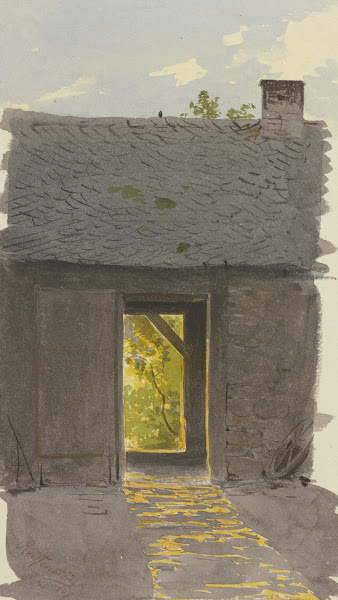 Blick durch die geöffneten Türen einer Scheune im Abendlicht 1847
