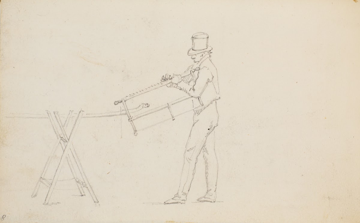 Mand ved en savbuk holdende en sav 1832