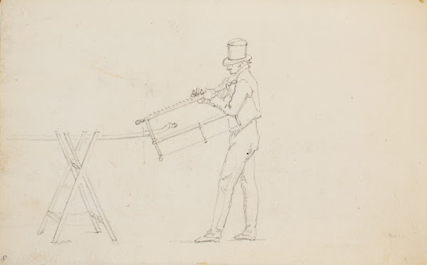 Mand ved en savbuk holdende en sav 1832