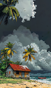 Tropical Beach Shack Under Storm Clouds Comic Art Style