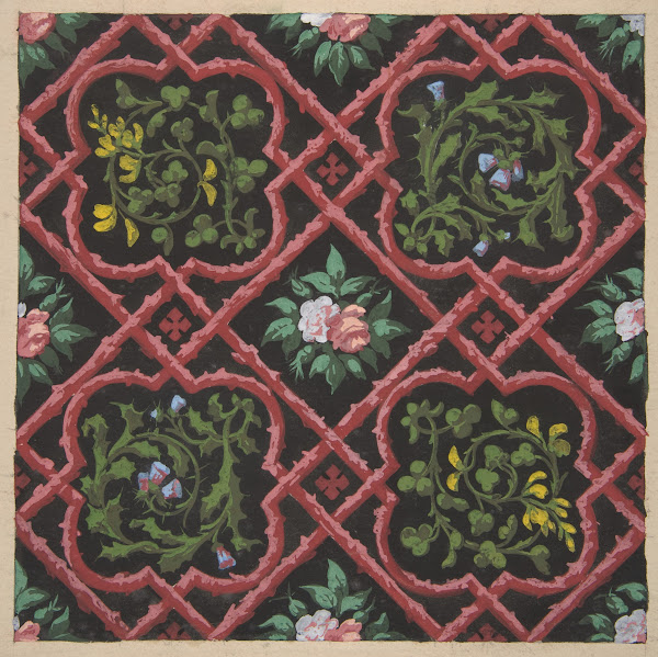 Design for wallpaper featuring flowers and latticework 183097